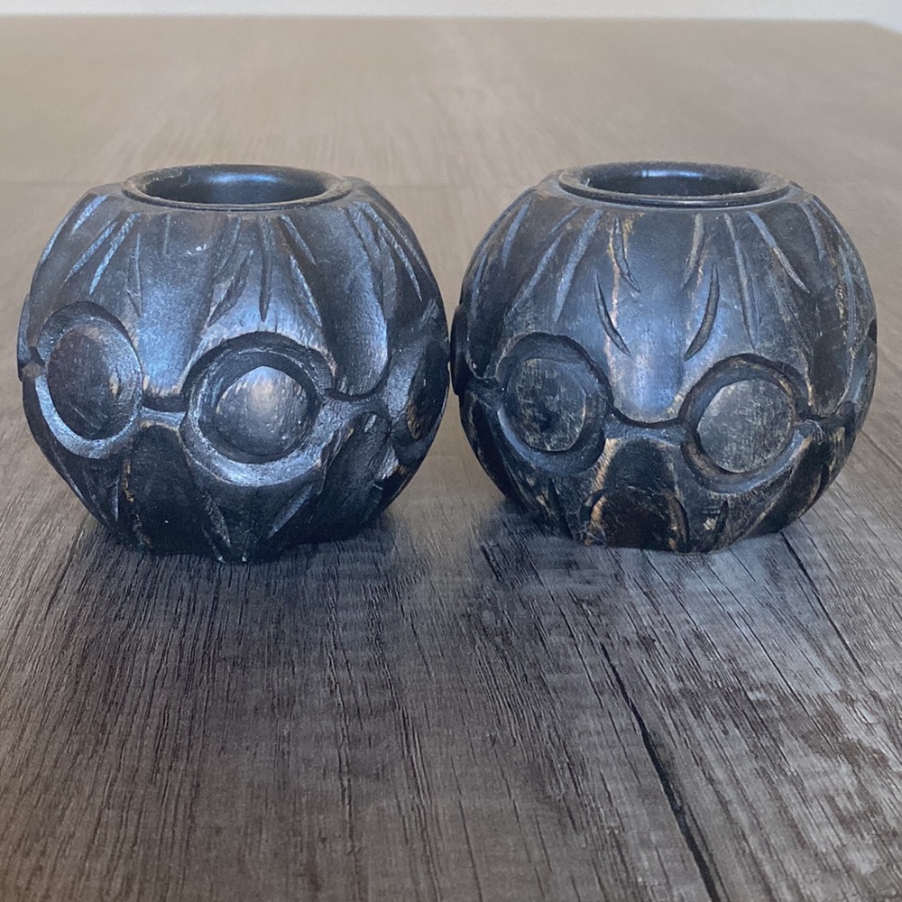 VINTAGE carved wood round candle holders